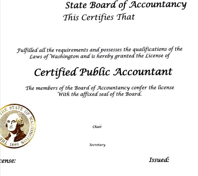 Washington State CPA license with personal information removed