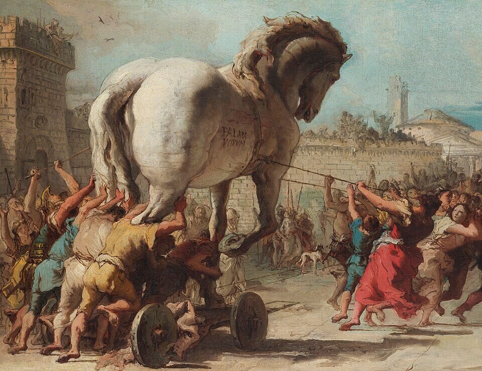The Trojan Horse being brought into Troy during the legendary Trojan War