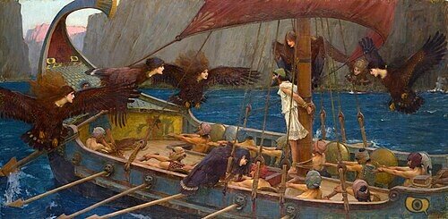 Odysseus tied to the mast while sailing past the Sirens in The Odyssey