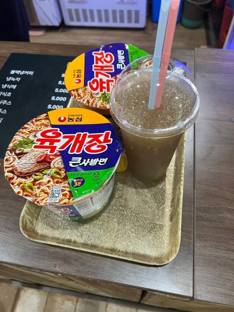 Korean ramen and sikhye after jjimjilbang at Yulam Hot Springs