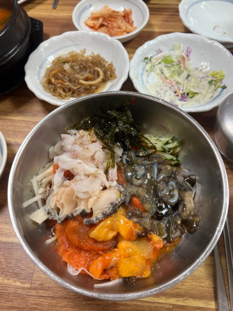 Korean mulhoe with raw seafood after sightseeing in Gyeongju